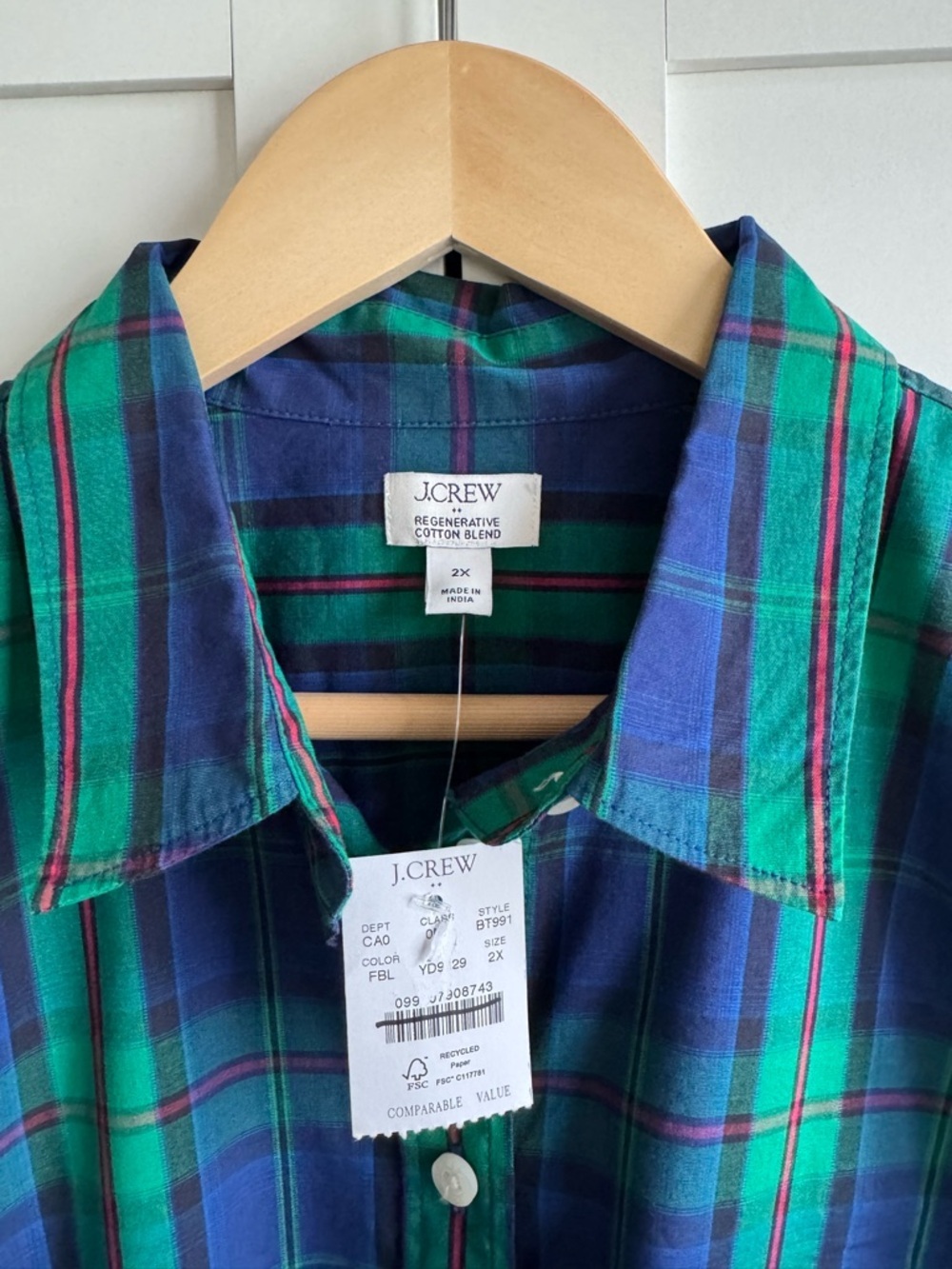 J.Crew Factory Plaid Lightweight Cotton-Blend Shirt in Signature Fit Size 2X - Picture 3 of 3